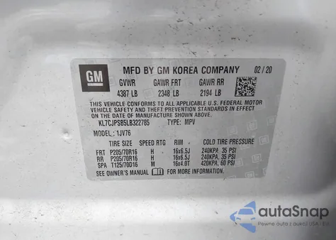 2020 Chevrolet Trax Awd Lt из США, поврежденный, VIN KL7CJPSB5LB322785